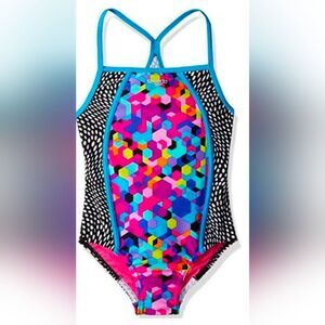 Speedo Pink Blue Yellow Thin Strap One Piece Swimsuit Girls Size 14 Raceback
